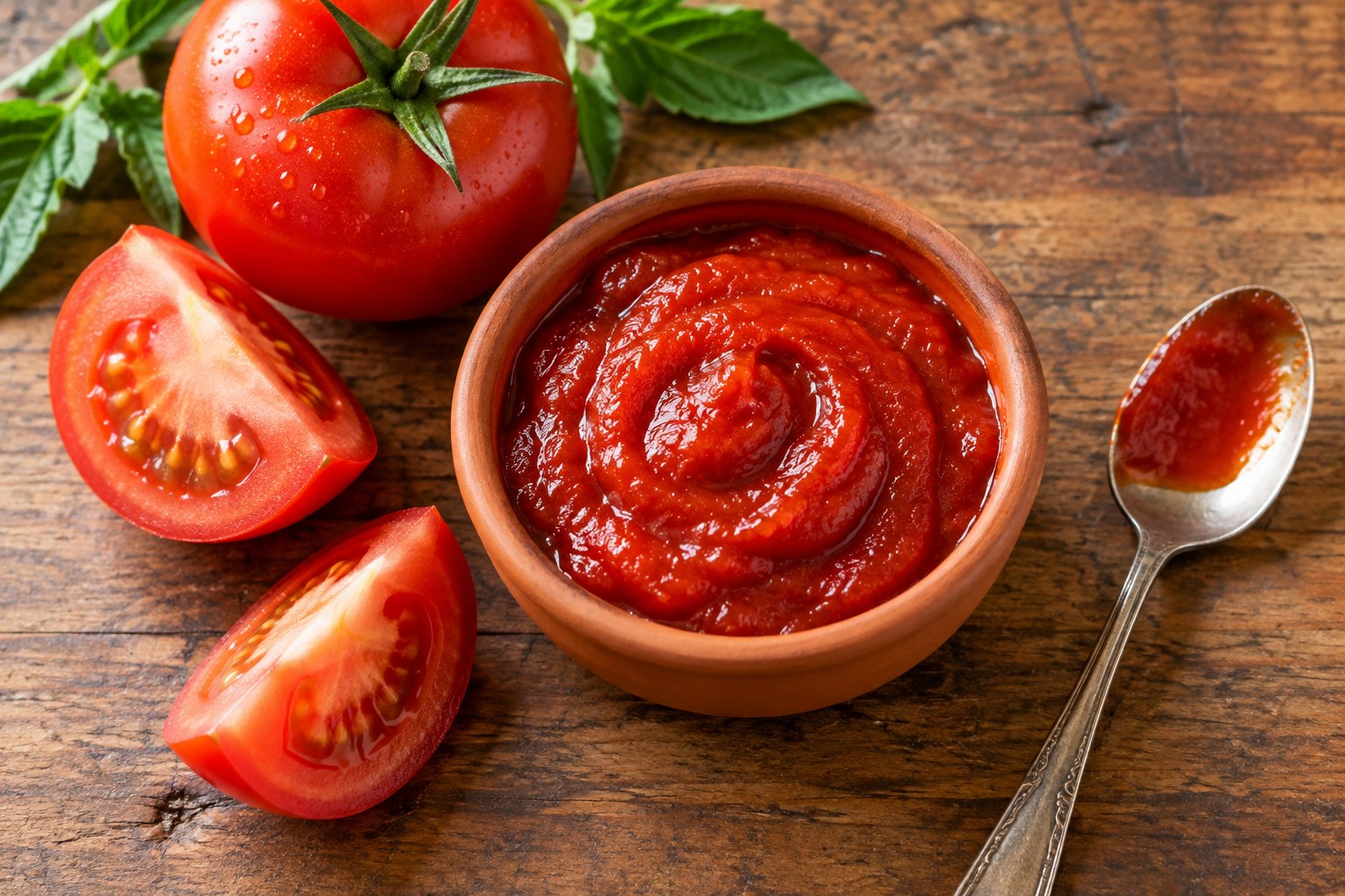 Nyers paradicsomos ketchup külön terrakotta tálkában